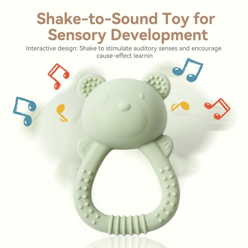 Silicone Teether for Babies Food-Grade Teething Toy Rattle 0-12 Months Baby Sensory Toy Bear Hand Bell Silicone Teething Toy
