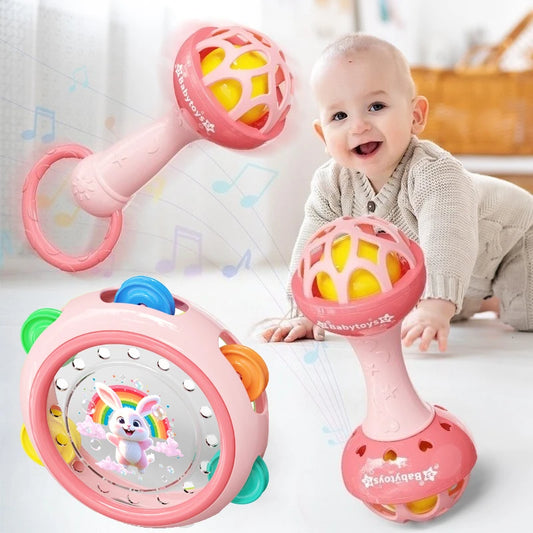 Pink Ringtone Handdrum Baby Toy - Durable ABS Material, with Rabbit & Heart Patterns, Perfect for Newborns & Toddlers