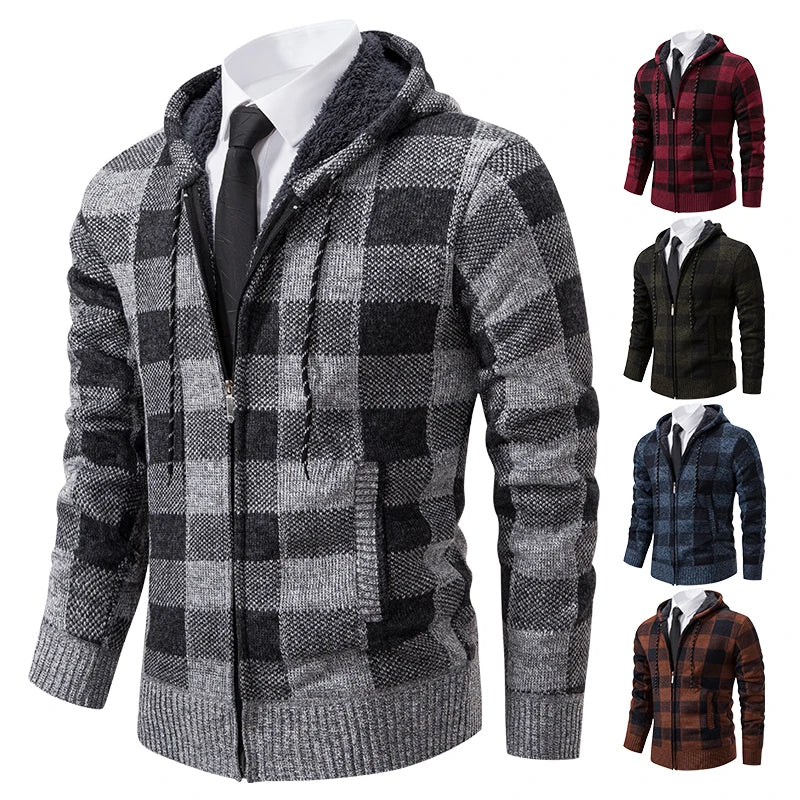 Autumn Winter Men's Cardigan Fashion Plus Velvet Padded Knit Jumpers Male Sweater Hooded Plaid Korean Luxury Brand Coat
