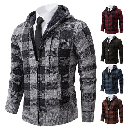 Autumn Winter Men's Cardigan Fashion Plus Velvet Padded Knit Jumpers Male Sweater Hooded Plaid Korean Luxury Brand Coat