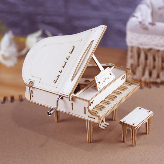 Hand Cranked Wooden Piano Music Box DIY 3D Puzzle Building Model Creative Toy Gift for Adults Teens