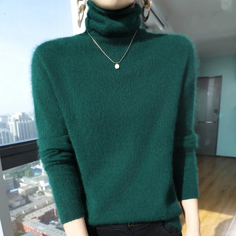 Autumn And Winter New 100% Pure Mink Cashmere Sweater Women's Pile Collar Pullover Slim Sweater Knitted Bottoming Shirt