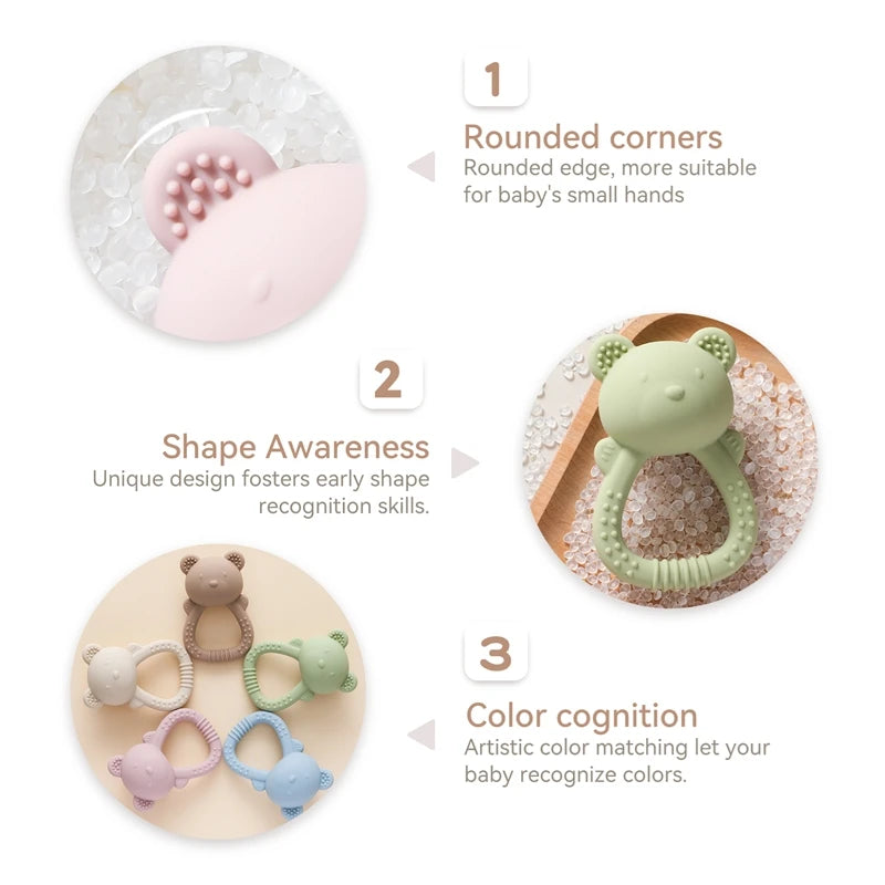 Silicone Teether for Babies Food-Grade Teething Toy Rattle 0-12 Months Baby Sensory Toy Bear Hand Bell Silicone Teething Toy