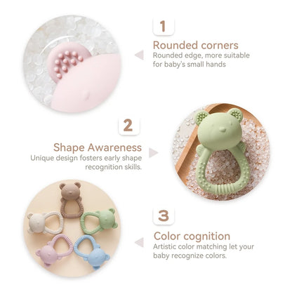 Silicone Teether for Babies Food-Grade Teething Toy Rattle 0-12 Months Baby Sensory Toy Bear Hand Bell Silicone Teething Toy