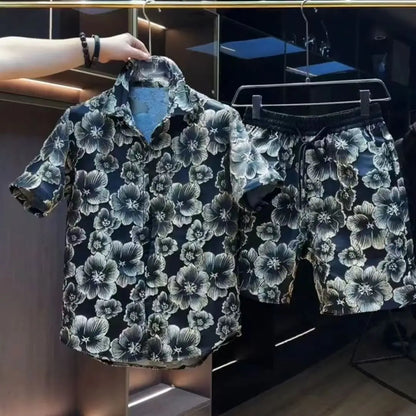 Ethnic Style Embossed Gold-hot Flower Short-sleeved Shirt and Shorts Two-piece Set Men Summer Loose Black Gold Shirt Set