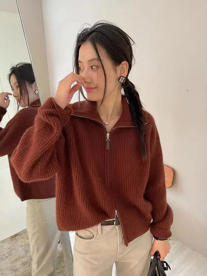 New 2025 high-end autumn and winter knitted women's lapel cashmere wool sweater casual short women's cardigan 100% wool sweater