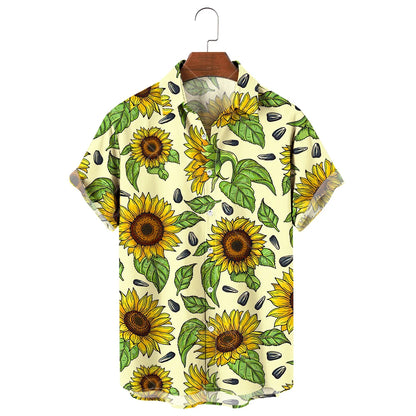 Men's Hawaiian Shirt, 3D Sunflower Print T-Shirt, Floral Single Row Button Lapel, Large 5XL, Casual Style, Beach To