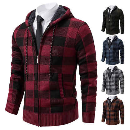 Autumn Winter Men's Cardigan Fashion Plus Velvet Padded Knit Jumpers Male Sweater Hooded Plaid Korean Luxury Brand Coat