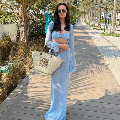 Tuularose Sexy V Neck Hollow Dress Women's Summer See-through Backless Beach Vacation Cover Up Dress Solid Knitted Party Dress