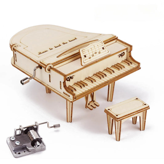 Hand Cranked Wooden Piano Music Box DIY 3D Puzzle Building Model Creative Toy Gift for Adults Teens