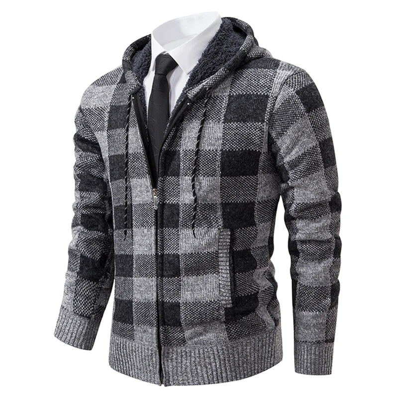 Autumn Winter Men's Cardigan Fashion Plus Velvet Padded Knit Jumpers Male Sweater Hooded Plaid Korean Luxury Brand Coat