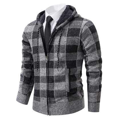 Autumn Winter Men's Cardigan Fashion Plus Velvet Padded Knit Jumpers Male Sweater Hooded Plaid Korean Luxury Brand Coat