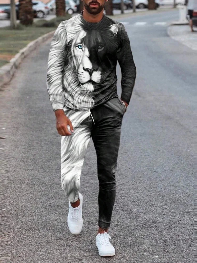 Urban Street Fashion Trend Men's Long Sleeve Round Neck Set 2pcs Daily Casual Men's Round Neck Top Outdoor Casual Loose Long Sty