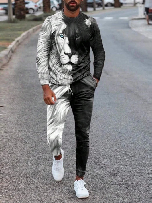 Urban Street Fashion Trend Men's Long Sleeve Round Neck Set 2pcs Daily Casual Men's Round Neck Top Outdoor Casual Loose Long Sty
