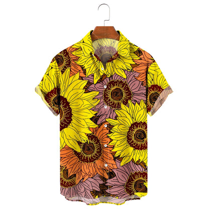 Men's Hawaiian Shirt, 3D Sunflower Print T-Shirt, Floral Single Row Button Lapel, Large 5XL, Casual Style, Beach To