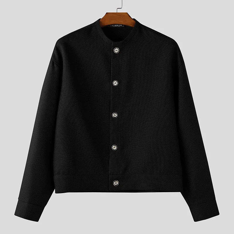 INCERUN Men Jackets Solid Color O-neck Long Sleeve Button Thin Coats Men Streetwear Outerwear 2025 Fashion Casual Male Jackets