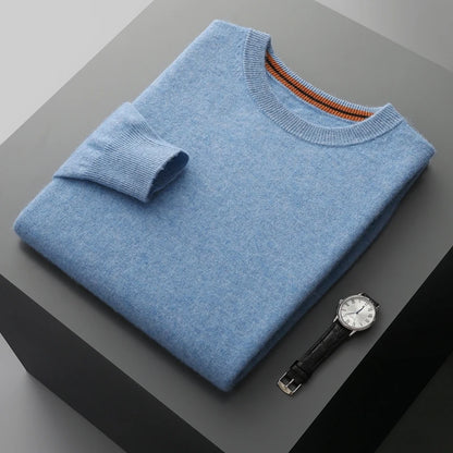 Autumn Winter Men's O-Neck Pullover Sweater 100% Cashmere Simple Basic Knitwear Cashmere Solid Color Clothing Casual Warm Tops