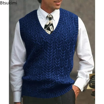 2026 Men's Autumn Winter Warm Casual Knitted Sweater Vest  Sleeveless V Neck Fleece Western Sweaters for Men Sueter Para Hombre