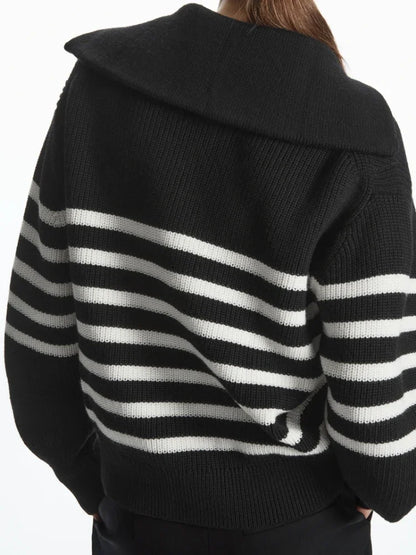 Women's Turtleneck Loose Lapel Striped Knitwear Women Pulovers New Simplicity Half Zipper Casual Fashion Women Sweaters 2025