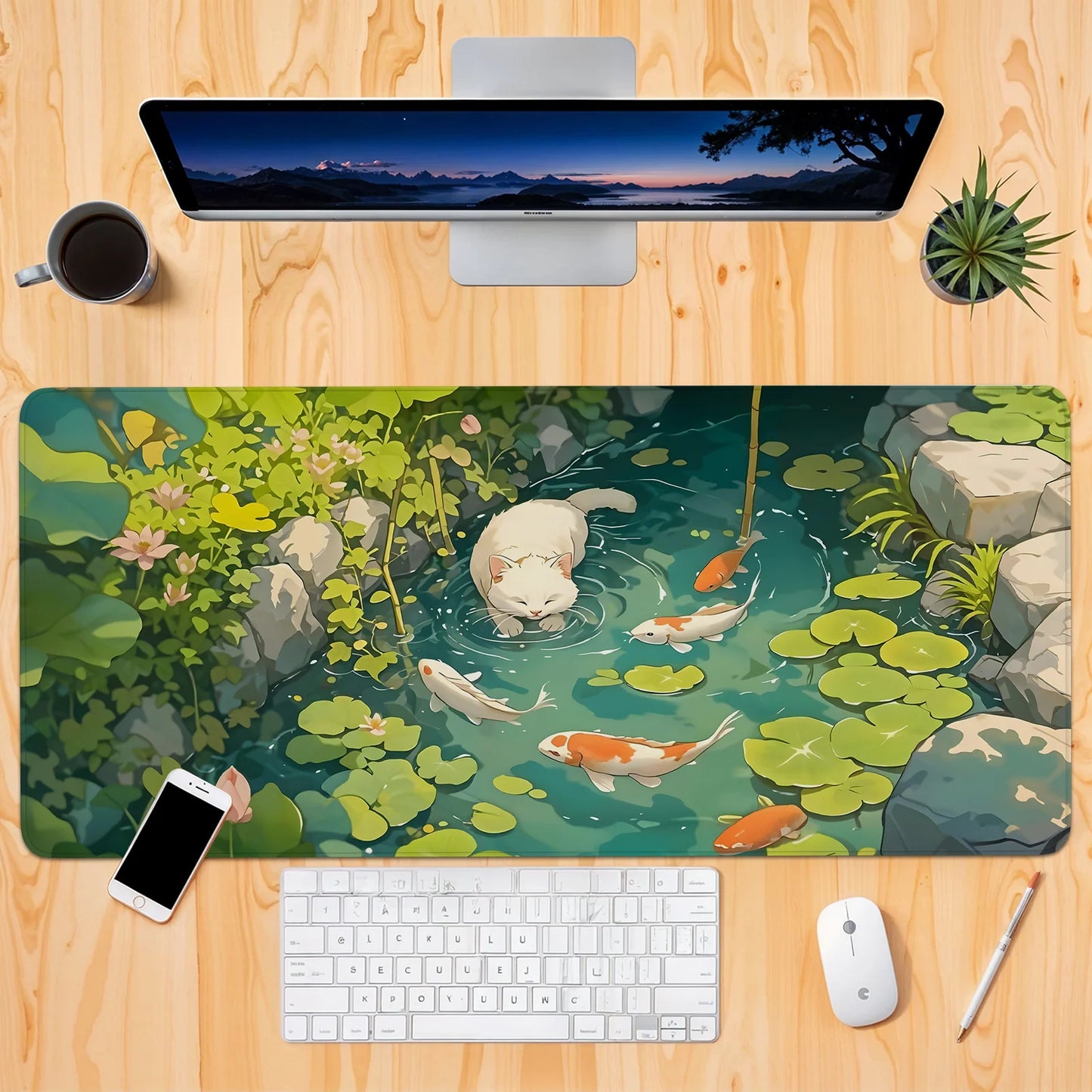 White cat and koi kawaii Mouse Pad large Desk Mat gaming mats rubber anti-slip Durable pc accessories keypad Extended mouse pads