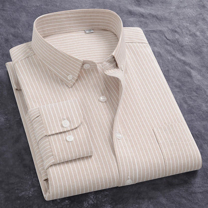 Classic Men's Dress Shirt Spring Long Sleeve 100% Pure Cotton Solid Color Oxford Striped Soft Business Regular Fit Social Blouse