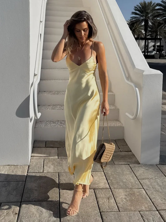 Yellow Elegant Satin Sling Maxi Dresses Fashion Sleeveless Backless V Neck Slim Fit Long Gowns Lady New Evening Party Robes 2025