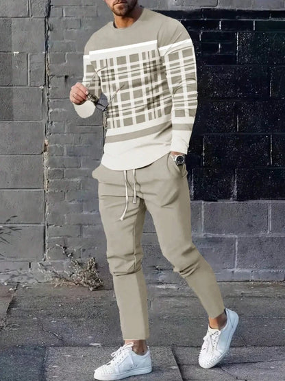 Urban Street Fashion Trend Men's Long Sleeve Round Neck Set 2pcs Daily Casual Men's Round Neck Top Outdoor Casual Loose Long Sty
