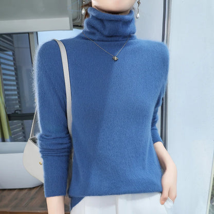 Autumn And Winter New 100% Pure Mink Cashmere Sweater Women's Pile Collar Pullover Slim Sweater Knitted Bottoming Shirt