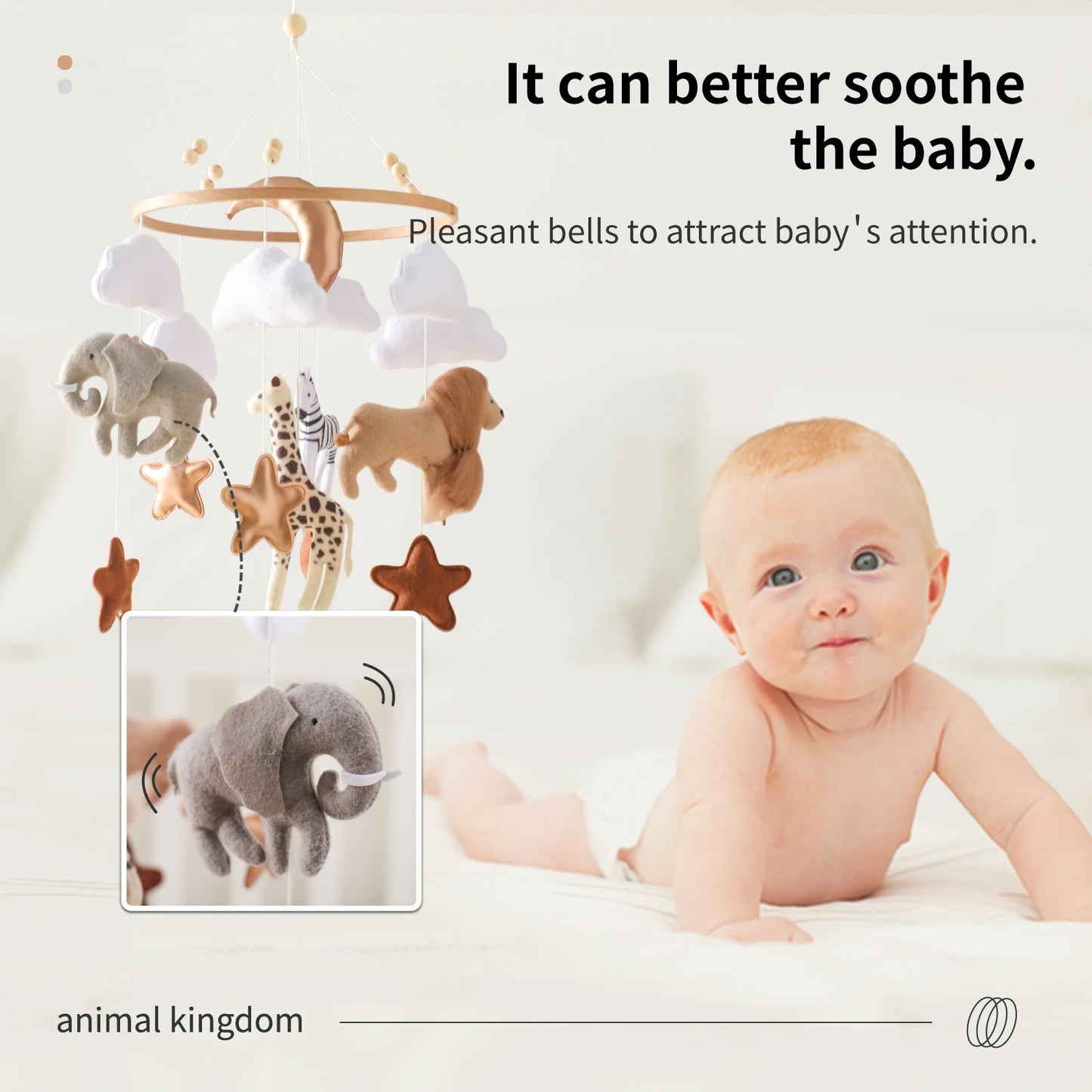 Wooden Mobile Bed Bell Crib Bracket Animal Kingdom Soft Felt Bed Bell Newborn Music Box Hanging Toy Baby Toys S for 0 12 Months