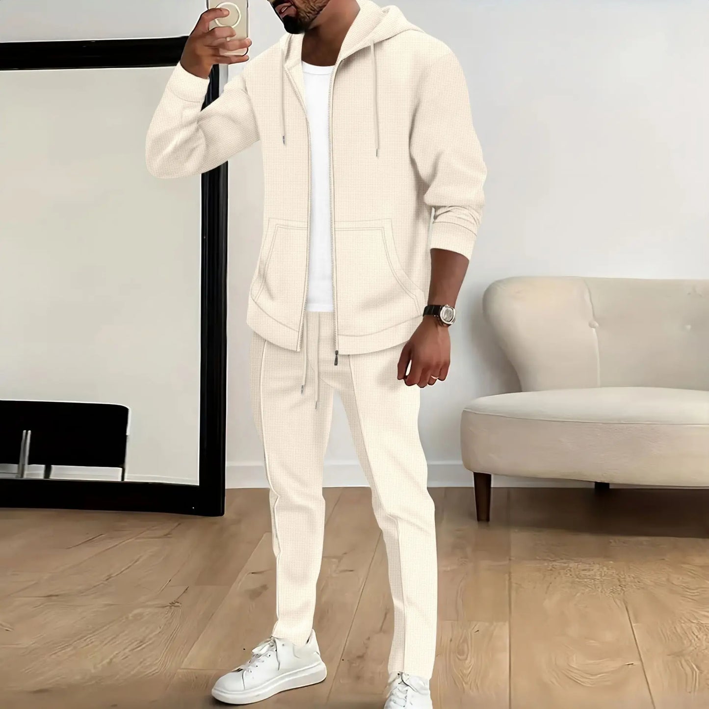 Spring and autumn new Waffle men's casual slim-fit hooded long-sleeved cardigan matching color fashion high quality tracksuit pa