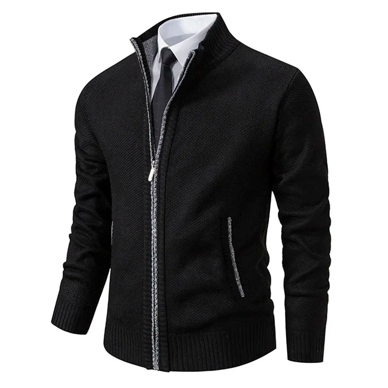 Autumn Winter Men's Casual Sweaters Solid Color Turtleneck Sweater Cardigan Fleece Zipper Cardigan Knit Jackets