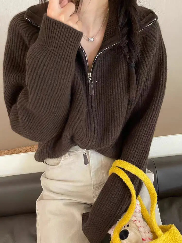 New 2025 high-end autumn and winter knitted women's lapel cashmere wool sweater casual short women's cardigan 100% wool sweater