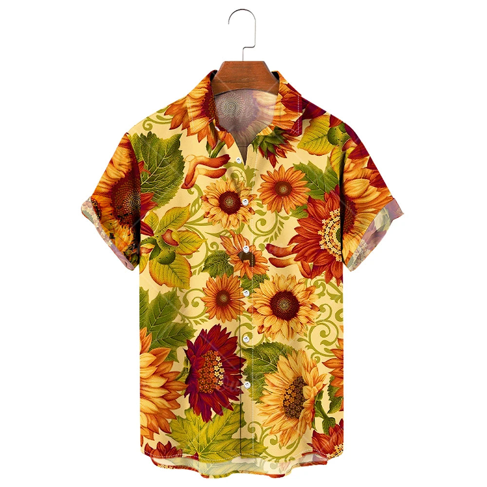 Men's Hawaiian Shirt, 3D Sunflower Print T-Shirt, Floral Single Row Button Lapel, Large 5XL, Casual Style, Beach To