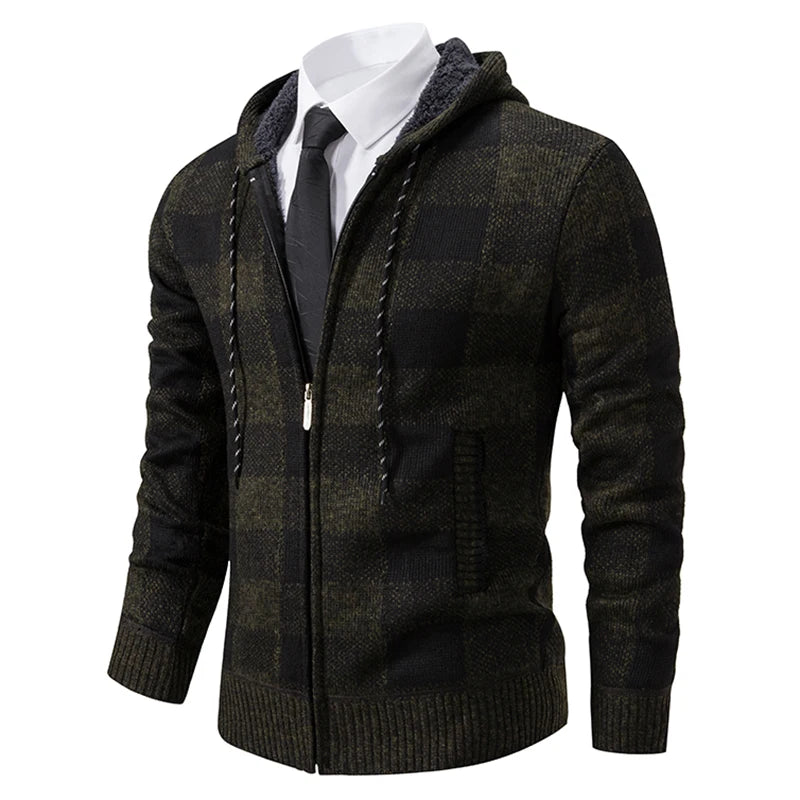 Autumn Winter Men's Cardigan Fashion Plus Velvet Padded Knit Jumpers Male Sweater Hooded Plaid Korean Luxury Brand Coat