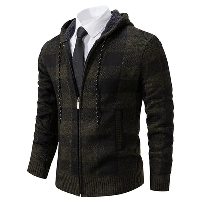 Autumn Winter Men's Cardigan Fashion Plus Velvet Padded Knit Jumpers Male Sweater Hooded Plaid Korean Luxury Brand Coat