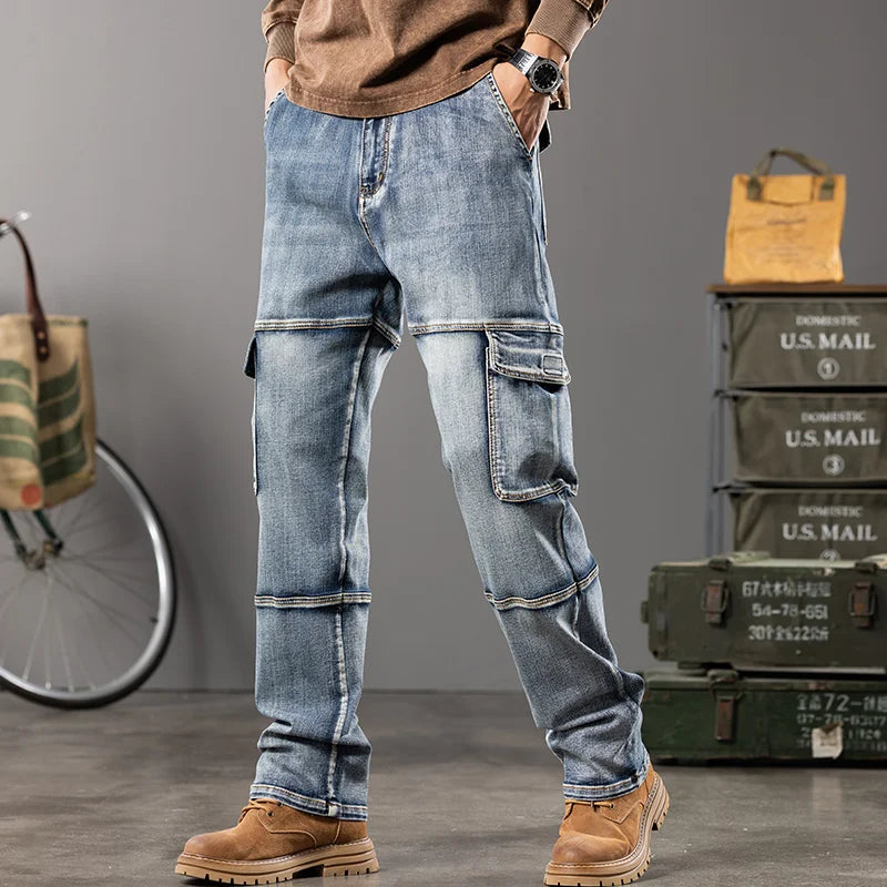 Autumn and winter new styles Men's Outdoor Wide Leg Workwear Multi-Pocket Jeans Straight fit plus size men's jeans  42 44