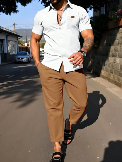 Light Blue Striped 3D Printed Men's Autumn Shirt Set, Outdoor Sports Casual Men's Lapel Shirt And Casual, Trendy And Fashionable
