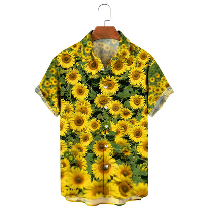 Men's Hawaiian Shirt, 3D Sunflower Print T-Shirt, Floral Single Row Button Lapel, Large 5XL, Casual Style, Beach To