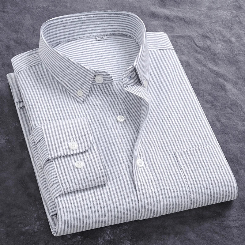 Classic Men's Dress Shirt Spring Long Sleeve 100% Pure Cotton Solid Color Oxford Striped Soft Business Regular Fit Social Blouse