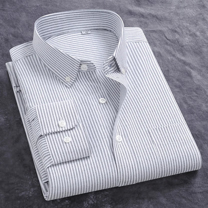 Classic Men's Dress Shirt Spring Long Sleeve 100% Pure Cotton Solid Color Oxford Striped Soft Business Regular Fit Social Blouse