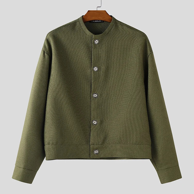 INCERUN Men Jackets Solid Color O-neck Long Sleeve Button Thin Coats Men Streetwear Outerwear 2025 Fashion Casual Male Jackets