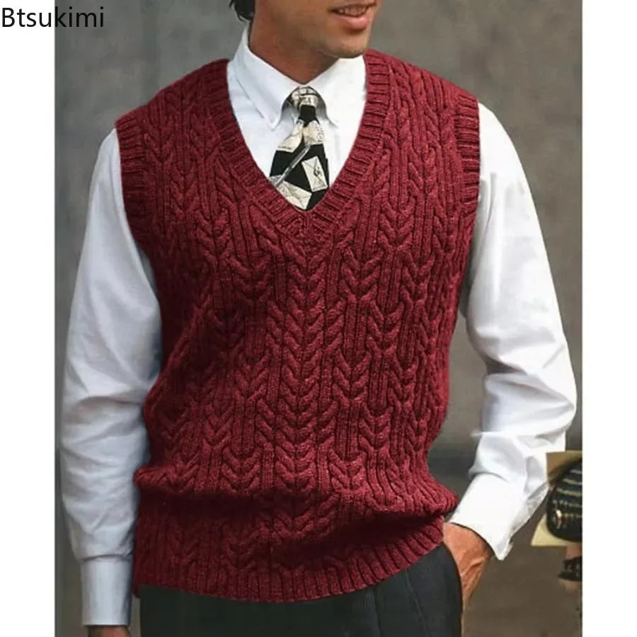 2026 Men's Autumn Winter Warm Casual Knitted Sweater Vest  Sleeveless V Neck Fleece Western Sweaters for Men Sueter Para Hombre