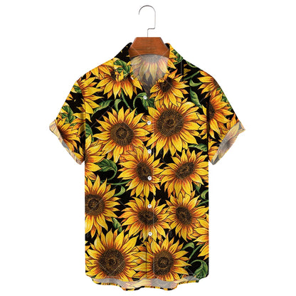 Men's Hawaiian Shirt, 3D Sunflower Print T-Shirt, Floral Single Row Button Lapel, Large 5XL, Casual Style, Beach To