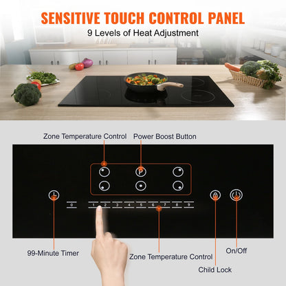 SucceBuy 5 Burners 30/36 Inch Electric Induction Cooktop Stove Hob Built-in Burner Cooker Sensor Touch Control Magnetic Cooker