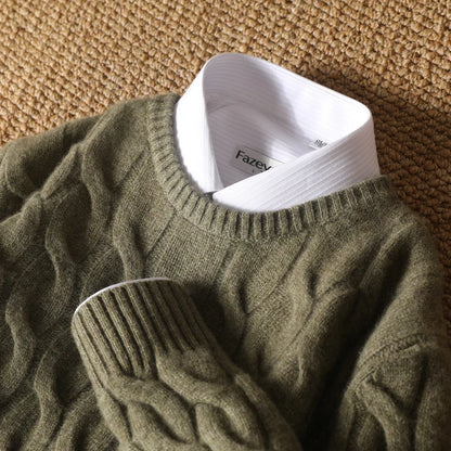 Autumn Winter Thickened Cashmere Sweater 100% Merino Wool Men's Top O-Neck Twisted Pullover Knitted Loose Long Sleeve Sweater