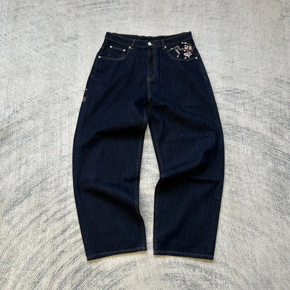 Hip Hop Cherry Blossom Embroidered Jeans Vintage Low Waist Wide Leg Trousers Y2K Clothes Mens Womes Embroidered Baggy Jeans