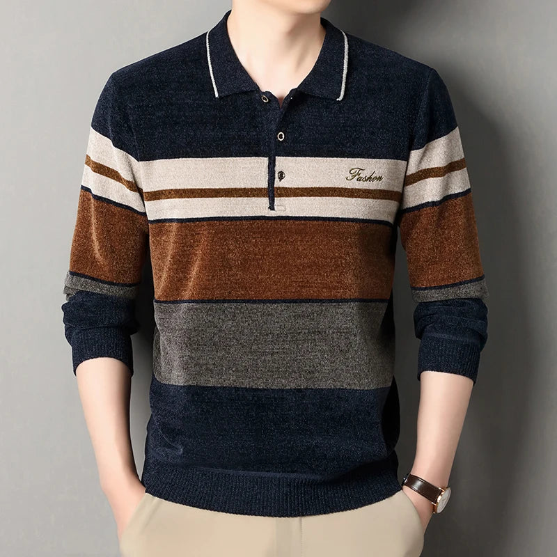 Men's Lapel Sweater Fashion Striped Knitted Pullovers Autumn Winter Fleece Lined Knitwear Thickened Jumpers New Jersey