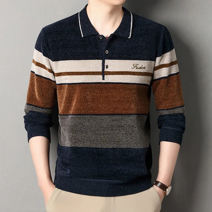 Men's Lapel Sweater Fashion Striped Knitted Pullovers Autumn Winter Fleece Lined Knitwear Thickened Jumpers New Jersey