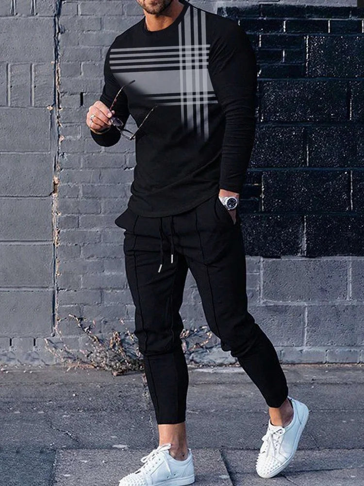 Urban Street Fashion Trend Men's Long Sleeve Round Neck Set 2pcs Daily Casual Men's Round Neck Top Outdoor Casual Loose Long Sty