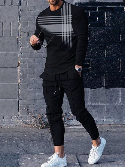 Urban Street Fashion Trend Men's Long Sleeve Round Neck Set 2pcs Daily Casual Men's Round Neck Top Outdoor Casual Loose Long Sty